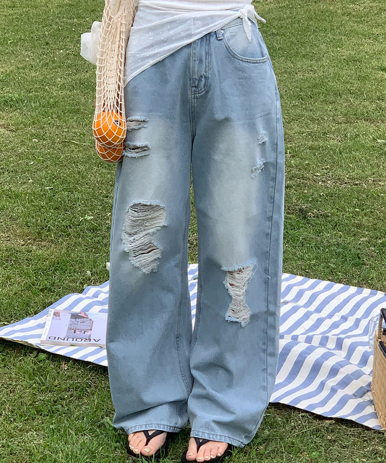ダメージビンテージワイドデニムパンツ LIGHT BLUE