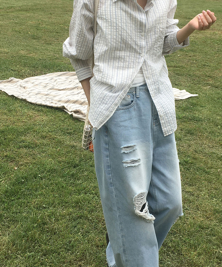 ダメージビンテージワイドデニムパンツ LIGHT BLUE