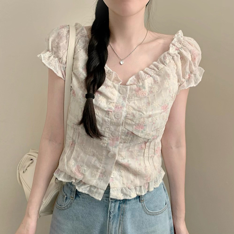 ブラウス フラワーレース刺繍クロップ半袖ブラウス PINK