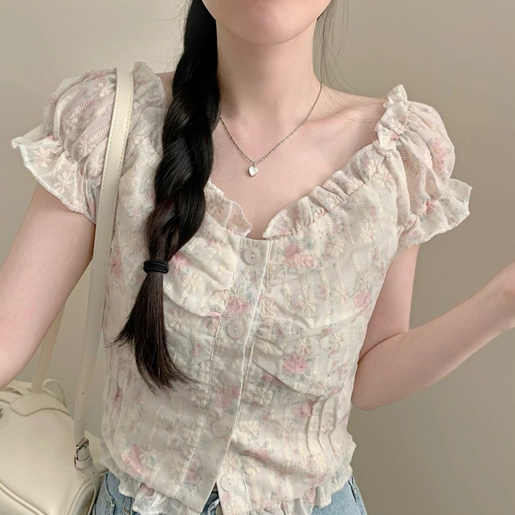 ブラウス フラワーレース刺繍クロップ半袖ブラウス PINK