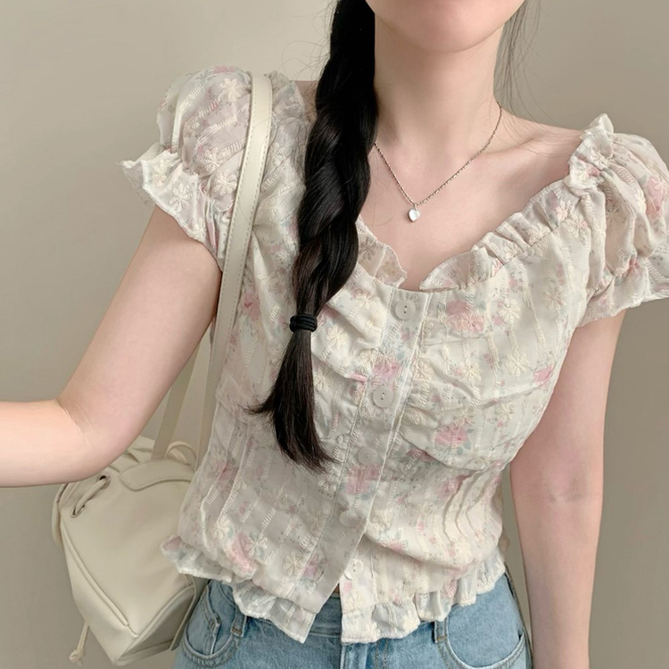ブラウス フラワーレース刺繍クロップ半袖ブラウス PINK