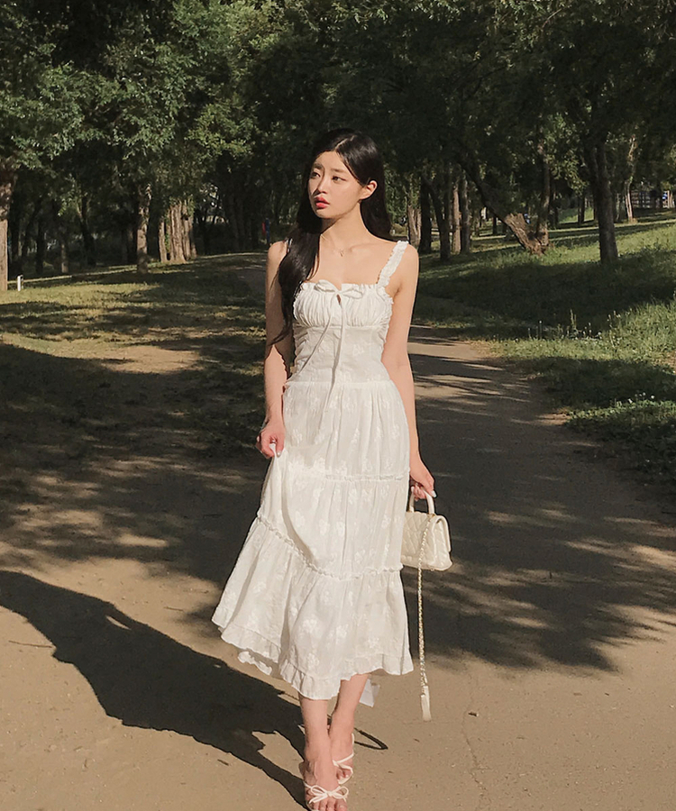 ロングワンピース フラワースクエアシャーリングワンピース IVORY