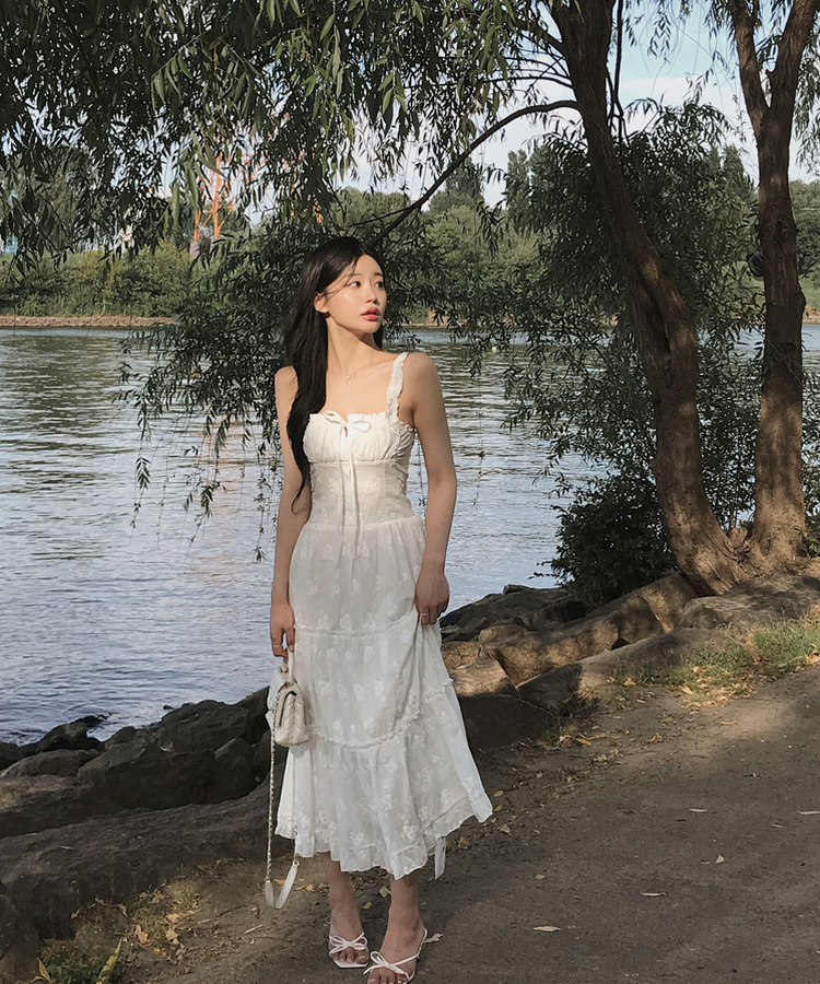 ロングワンピース フラワースクエアシャーリングワンピース IVORY