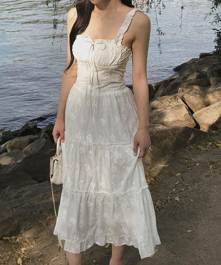 ロングワンピース フラワースクエアシャーリングワンピース IVORY