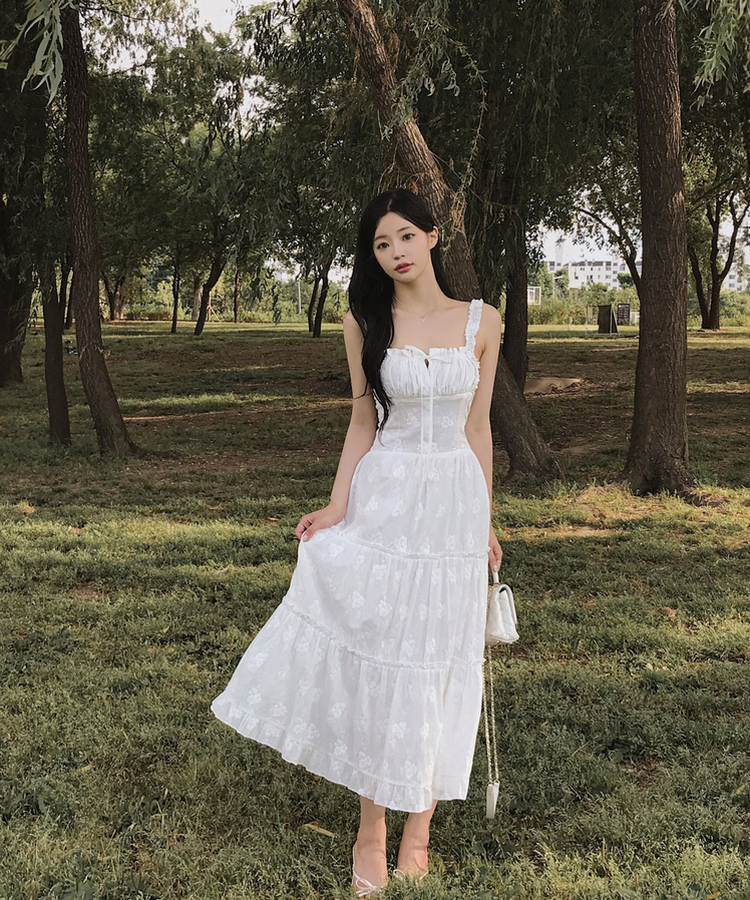 ロングワンピース フラワースクエアシャーリングワンピース IVORY