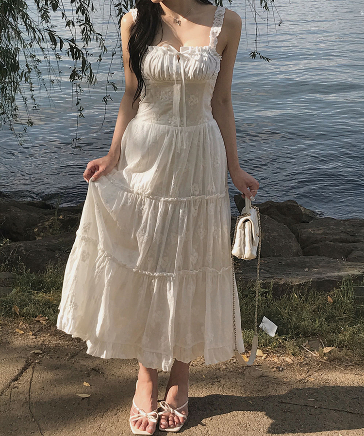 ロングワンピース フラワースクエアシャーリングワンピース IVORY