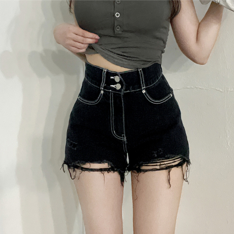 ショートパンツ ダメージハイウエストショートパンツ BLACK
