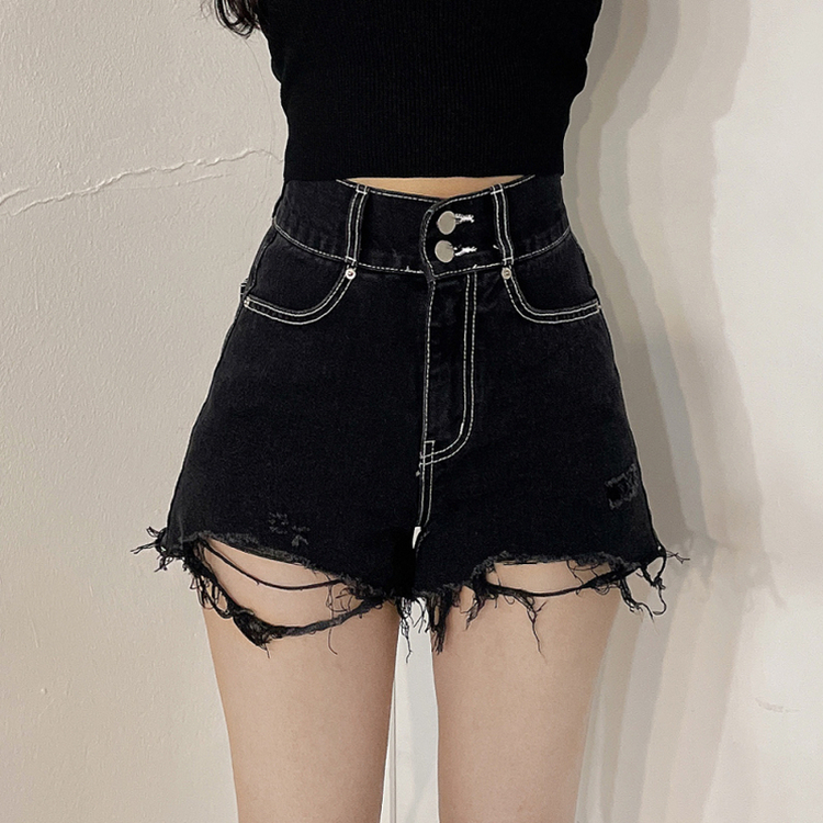ショートパンツ ダメージハイウエストショートパンツ BLACK