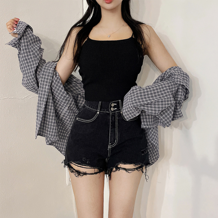 ショートパンツ ダメージハイウエストショートパンツ BLACK
