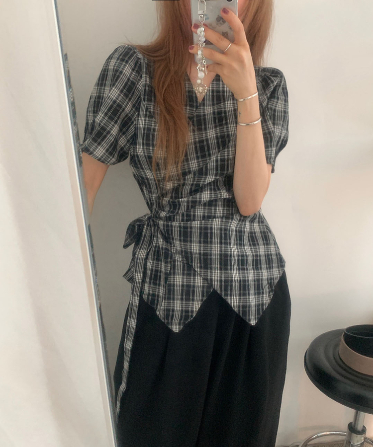 ブラウス リボンチェックパフ夏半袖ブラウス BLACK