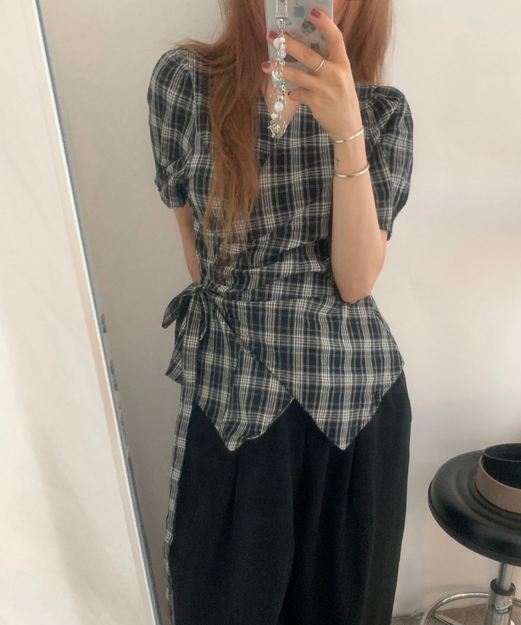 ブラウス リボンチェックパフ夏半袖ブラウス BLACK