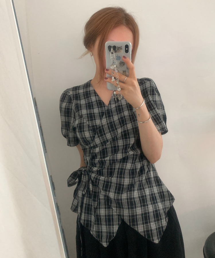 ブラウス リボンチェックパフ夏半袖ブラウス BLACK