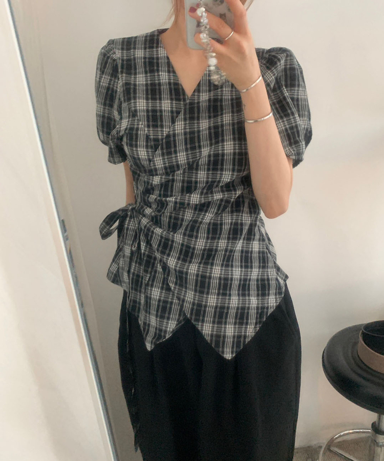 ブラウス リボンチェックパフ夏半袖ブラウス BLACK