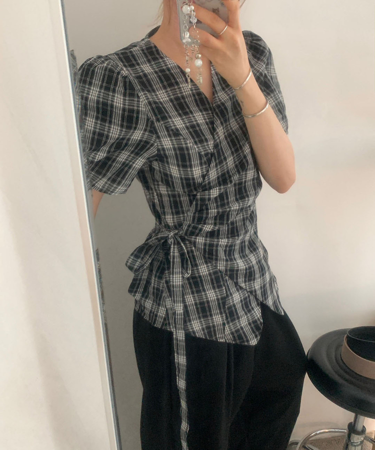 ブラウス リボンチェックパフ夏半袖ブラウス BLACK