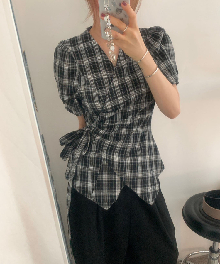 ブラウス リボンチェックパフ夏半袖ブラウス BLACK
