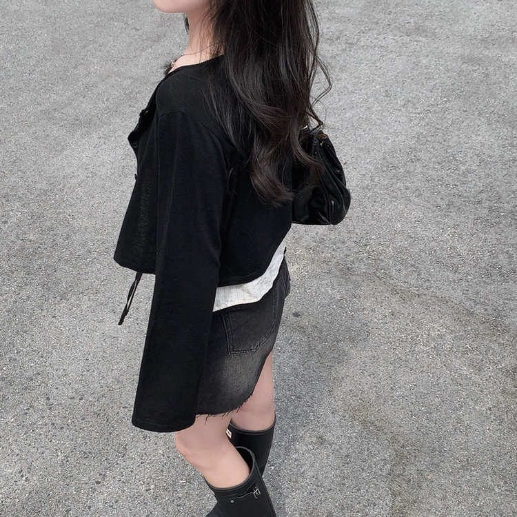 군살 소멸이슈지니언스 린넨 라운드넥 루즈핏 크롭 가디건 블랙