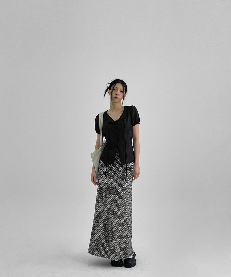 サマービンテージチェックロングスカート GREY