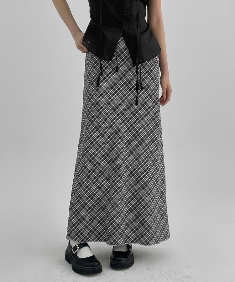 サマービンテージチェックロングスカート GREY