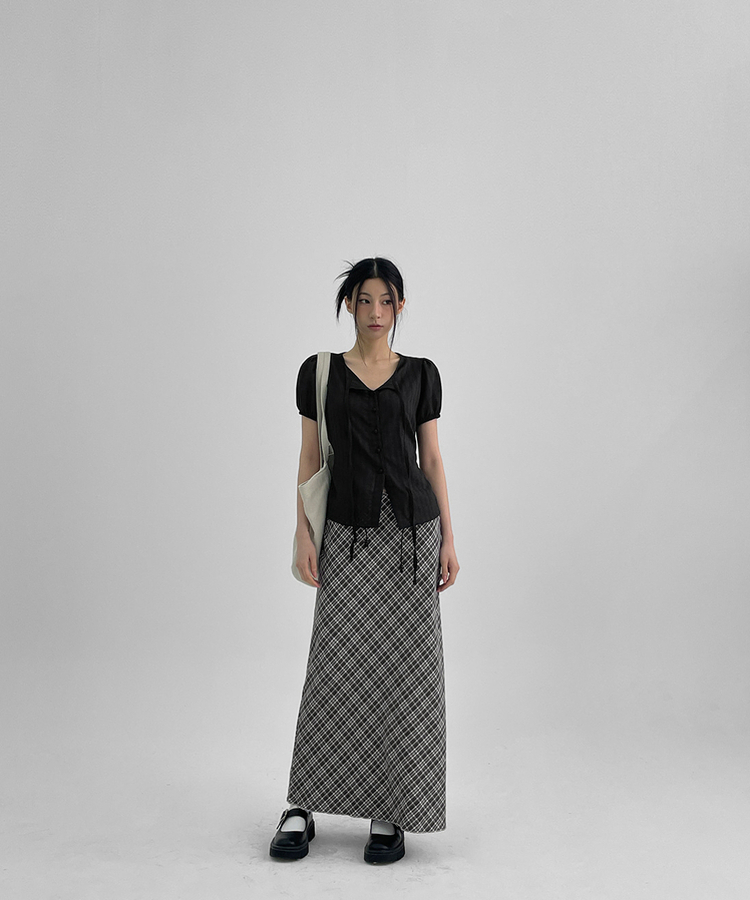 サマービンテージチェックロングスカート GREY
