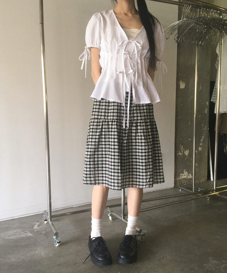 ミディ/ロングスカート チェックティアードミディスカート BLACK