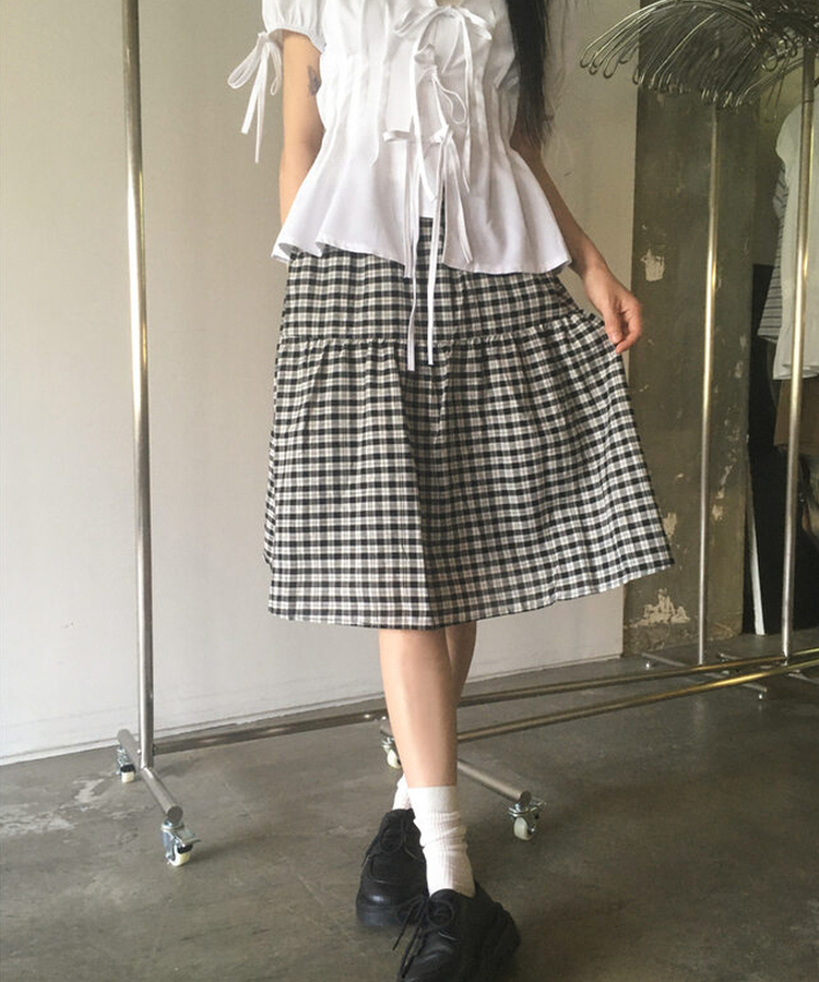 ミディ/ロングスカート チェックティアードミディスカート BLACK