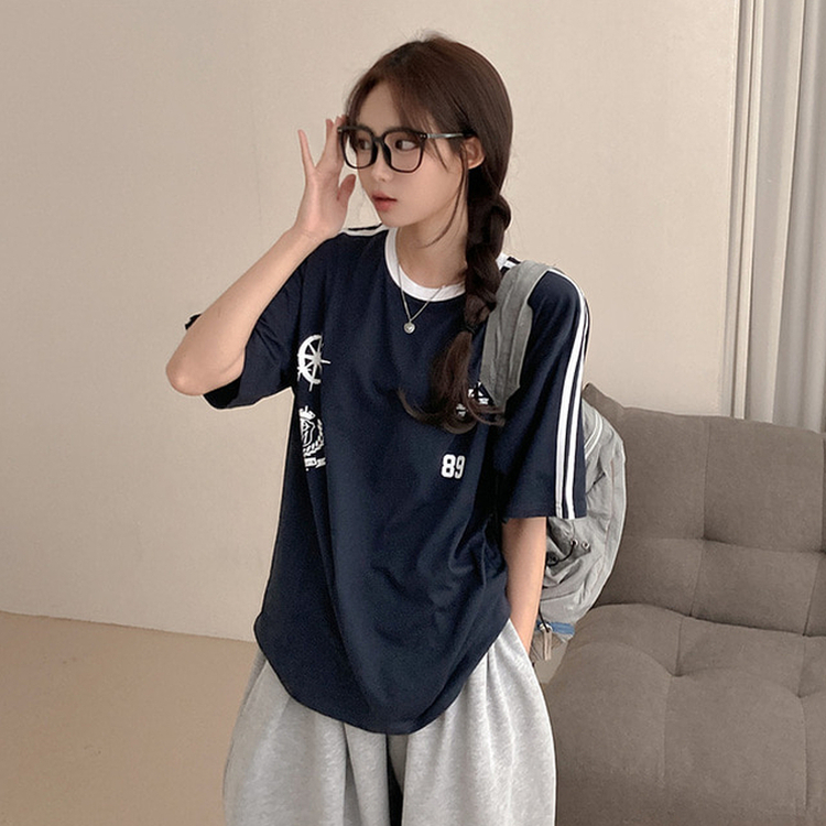 ラインレタリングユニフォーム半袖Tシャツ NAVY