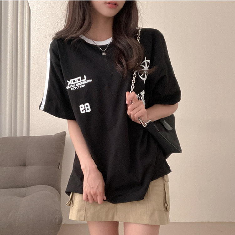 ラインレタリングユニフォーム半袖Tシャツ BLACK