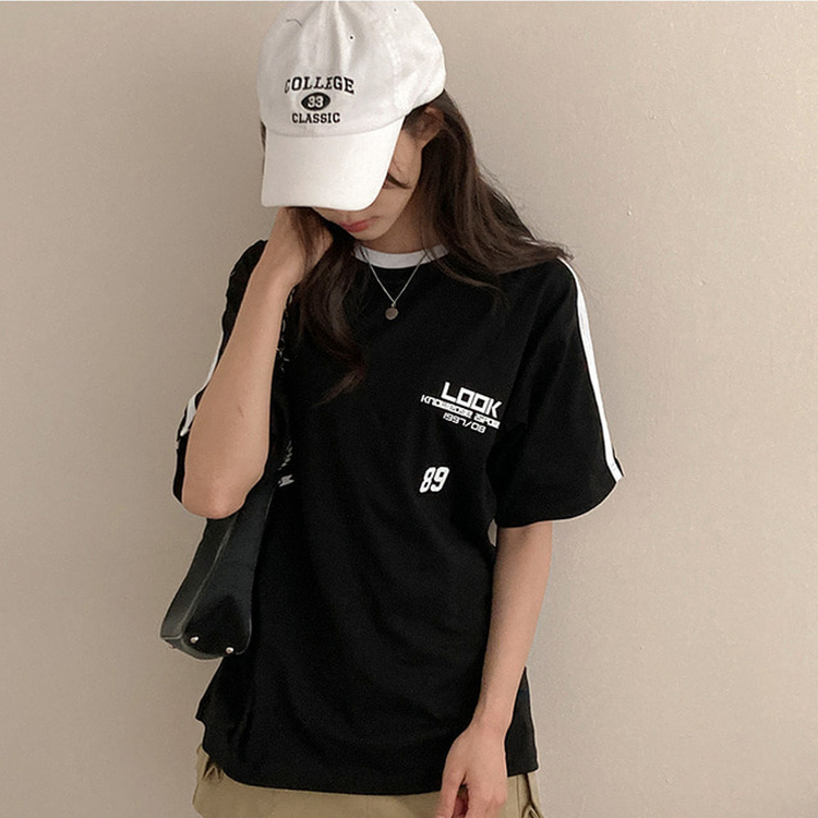 ラインレタリングユニフォーム半袖Tシャツ BLACK