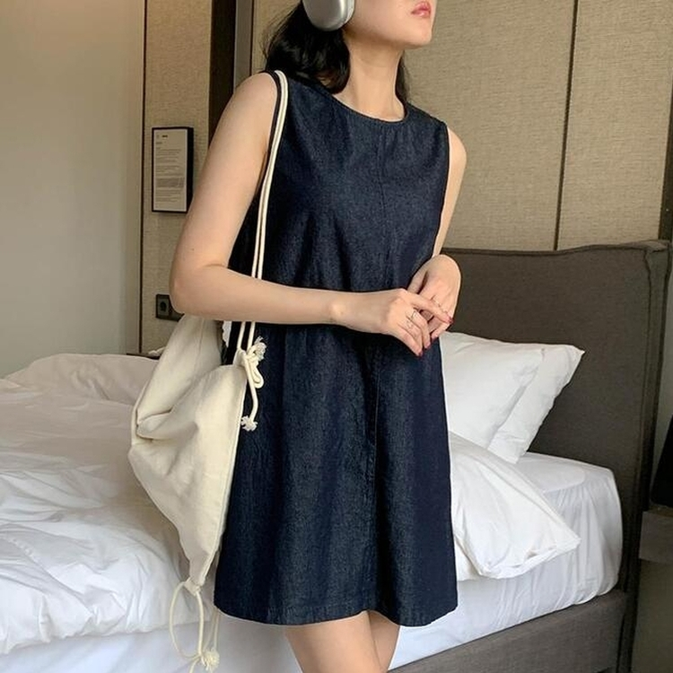 ミニワンピース スリーブレスデニムワンピース MID DENIM