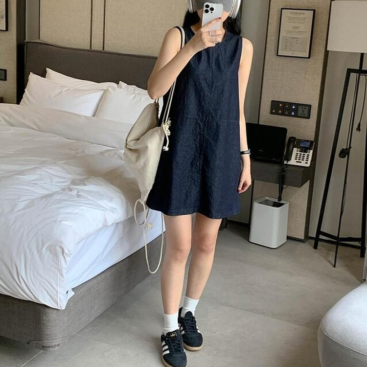 ミニワンピース スリーブレスデニムワンピース MID DENIM