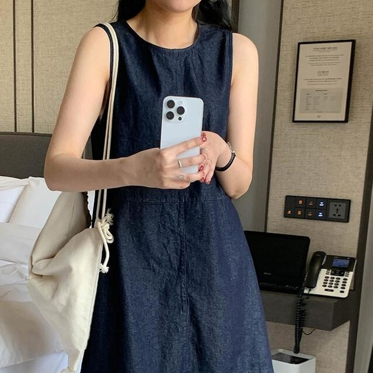 ミニワンピース スリーブレスデニムワンピース MID DENIM