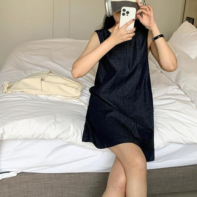 ミニワンピース スリーブレスデニムワンピース BLACK