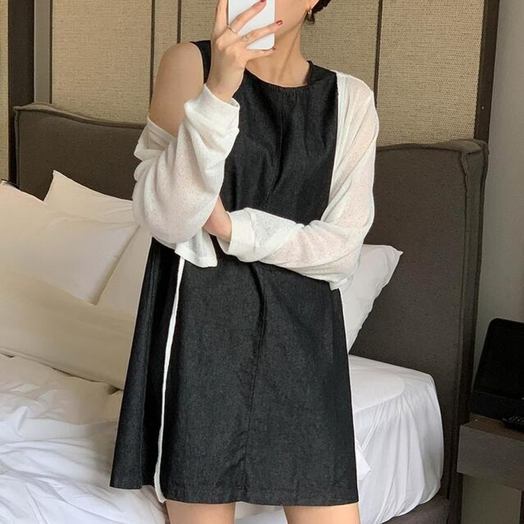 ミニワンピース スリーブレスデニムワンピース BLACK