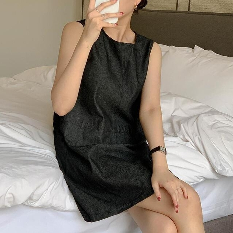 ミニワンピース スリーブレスデニムワンピース BLACK