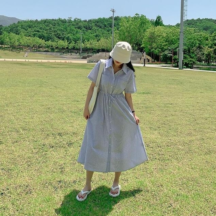 ストライプシャツ半袖ロングワンピース NAVY