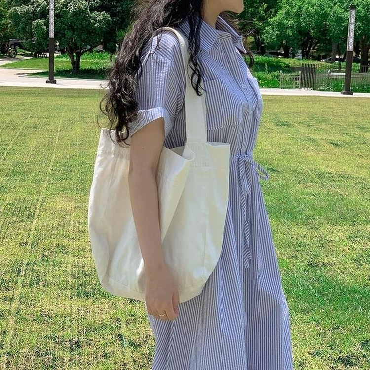 ストライプシャツ半袖ロングワンピース NAVY