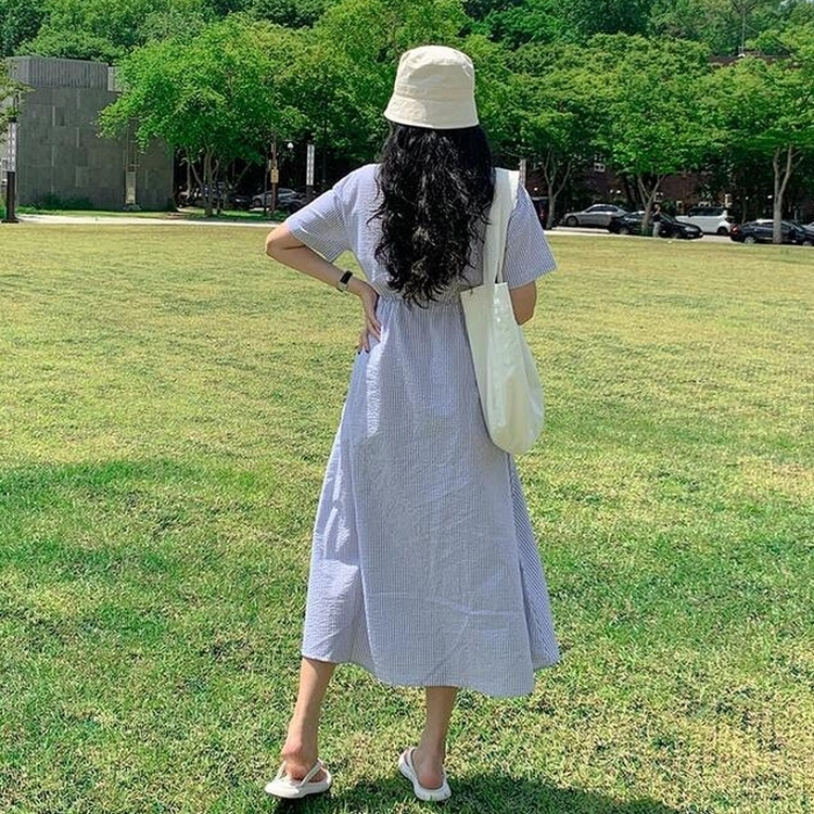 ストライプシャツ半袖ロングワンピース NAVY