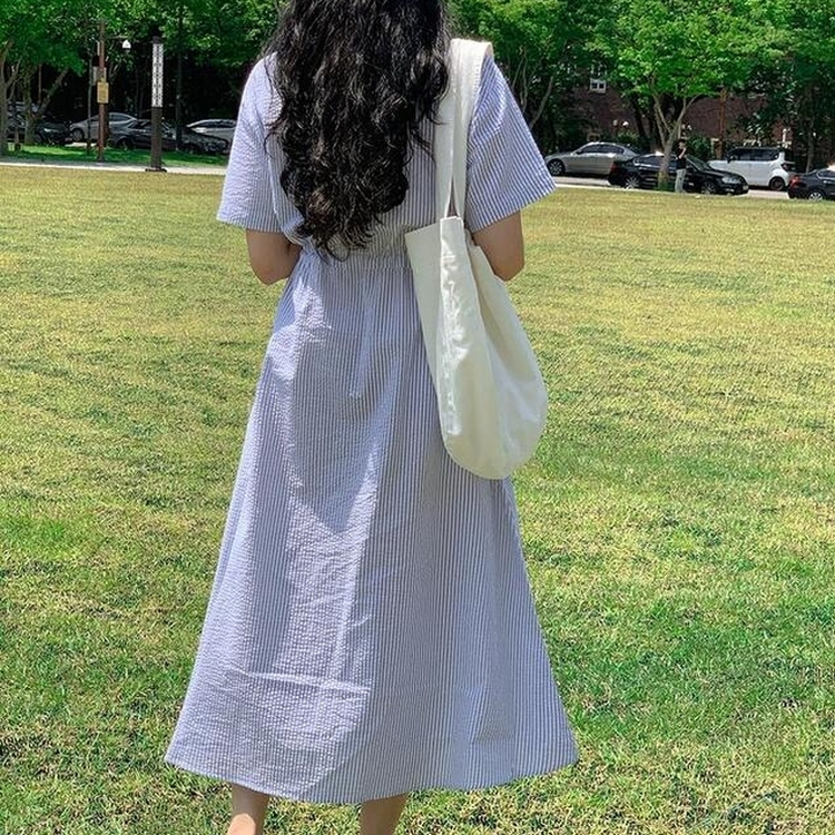 ストライプシャツ半袖ロングワンピース NAVY
