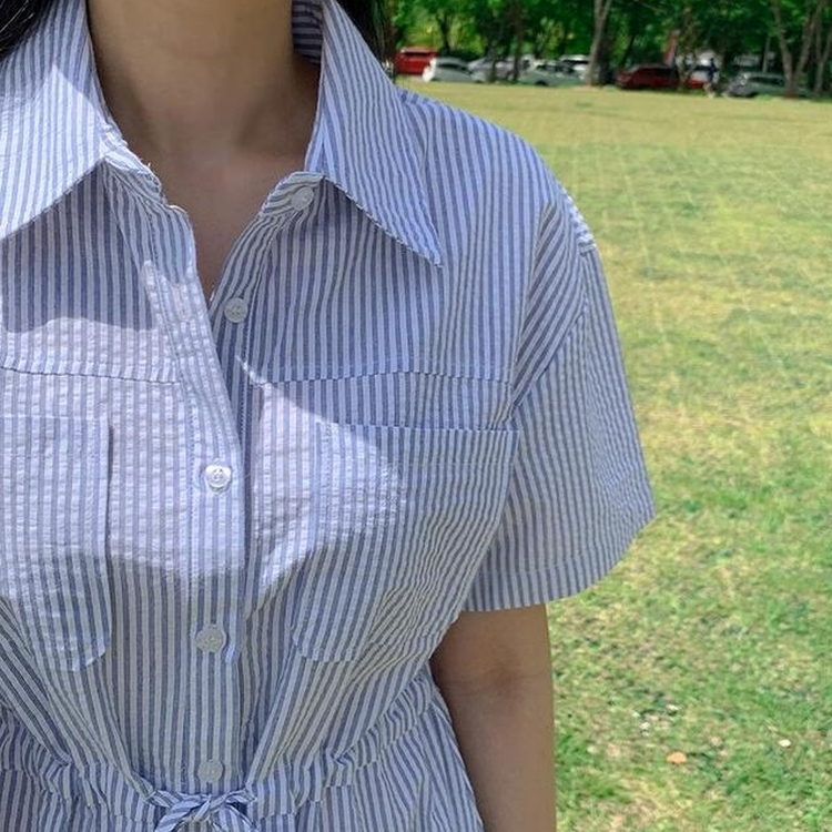 ストライプシャツ半袖ロングワンピース NAVY