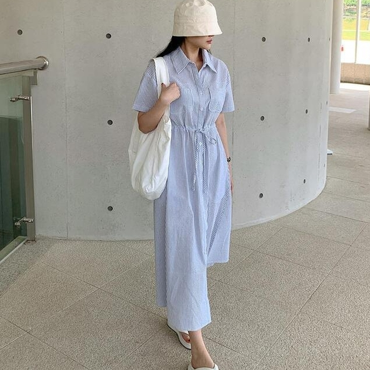 ストライプシャツ半袖ロングワンピース NAVY