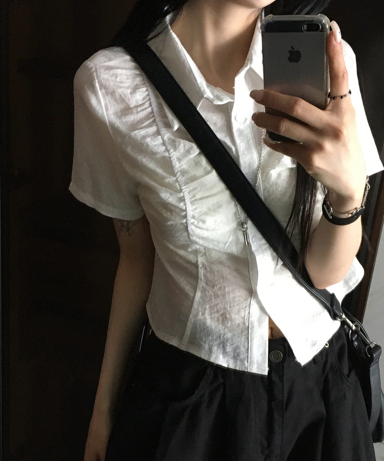 シャーリングシースルー半袖シャツ WHITE