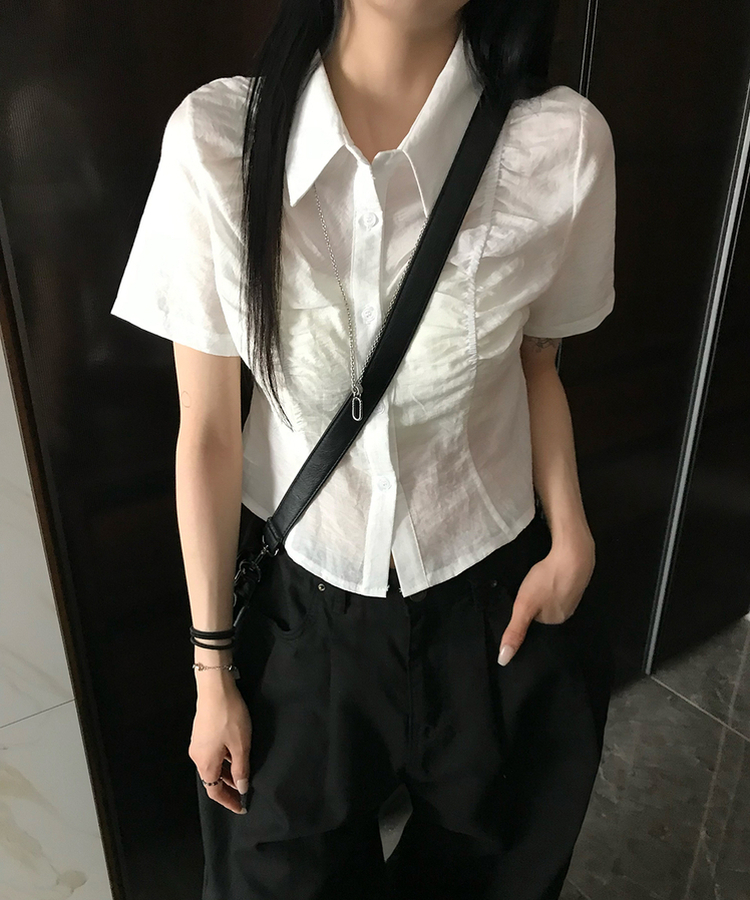 シャーリングシースルー半袖シャツ WHITE