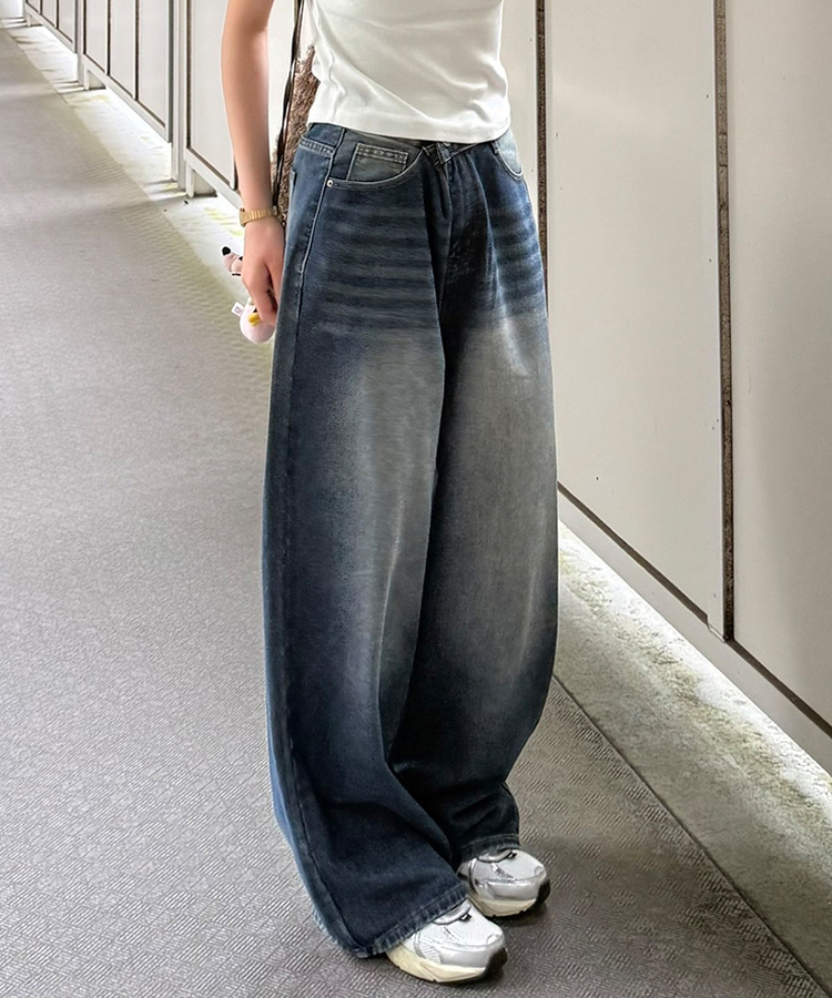 【기획특가/기장별】빈티지 워싱 와이드 데님 팬츠 진청