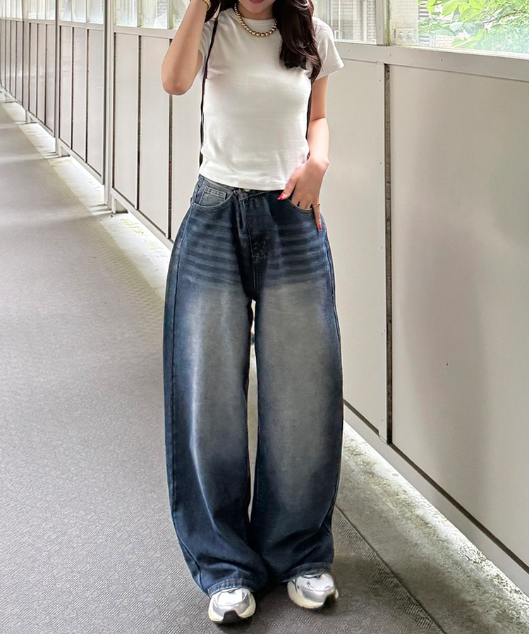 【기획특가/기장별】빈티지 워싱 와이드 데님 팬츠 진청