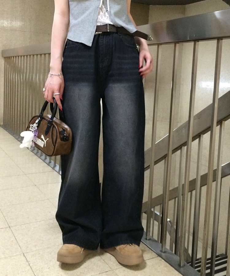 【기획특가/기장별】빈티지 워싱 와이드 데님 팬츠 흑청