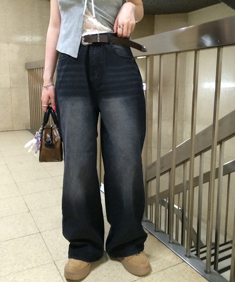 【기획특가/기장별】빈티지 워싱 와이드 데님 팬츠 흑청