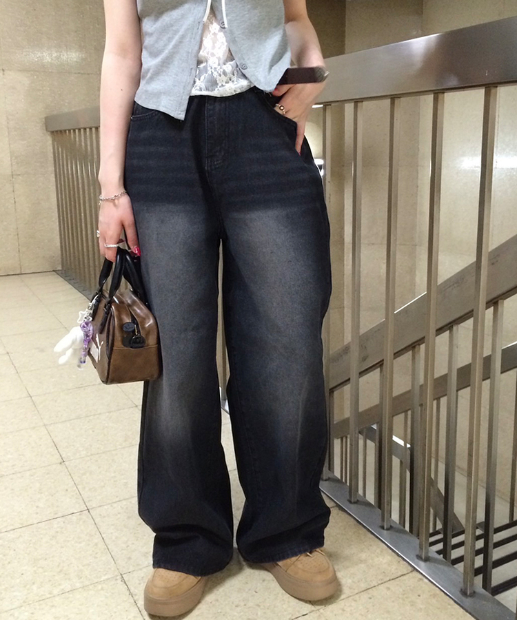 【기획특가/기장별】빈티지 워싱 와이드 데님 팬츠 흑청