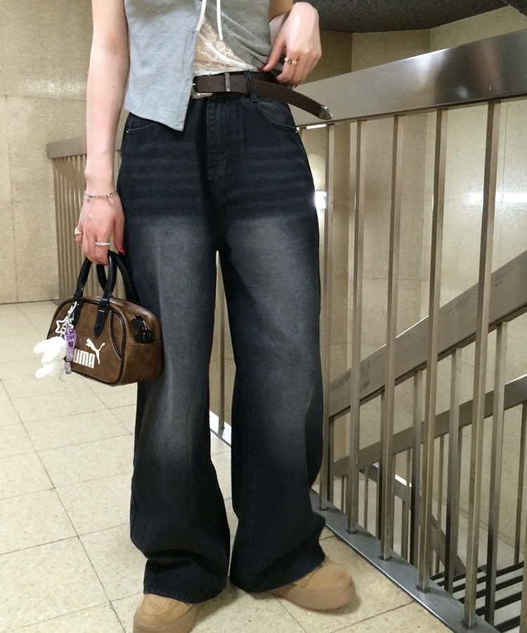 【기획특가/기장별】빈티지 워싱 와이드 데님 팬츠 흑청