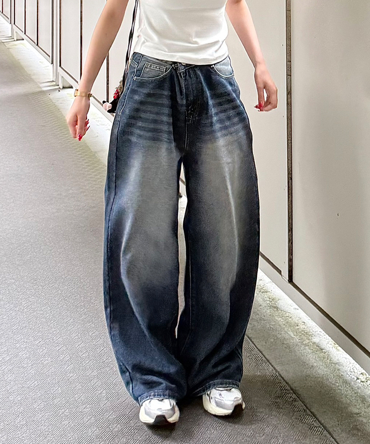 デニム 【企画特価/丈別】 ヴィンテージウォッシュワイドデニムパンツ DARK BLUE