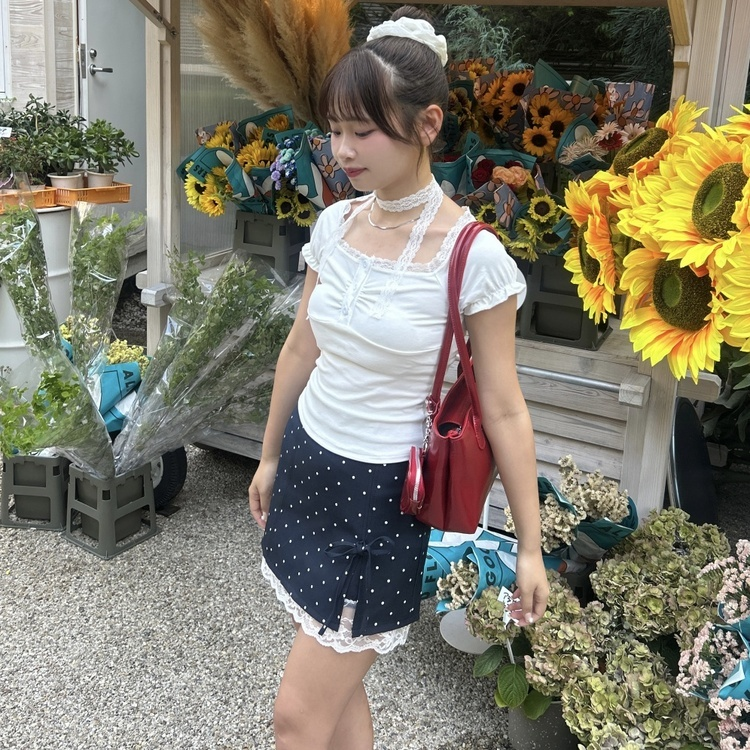 タイ付きレースシャーリングTシャツ｜半袖Tシャツ｜韓国ファッション